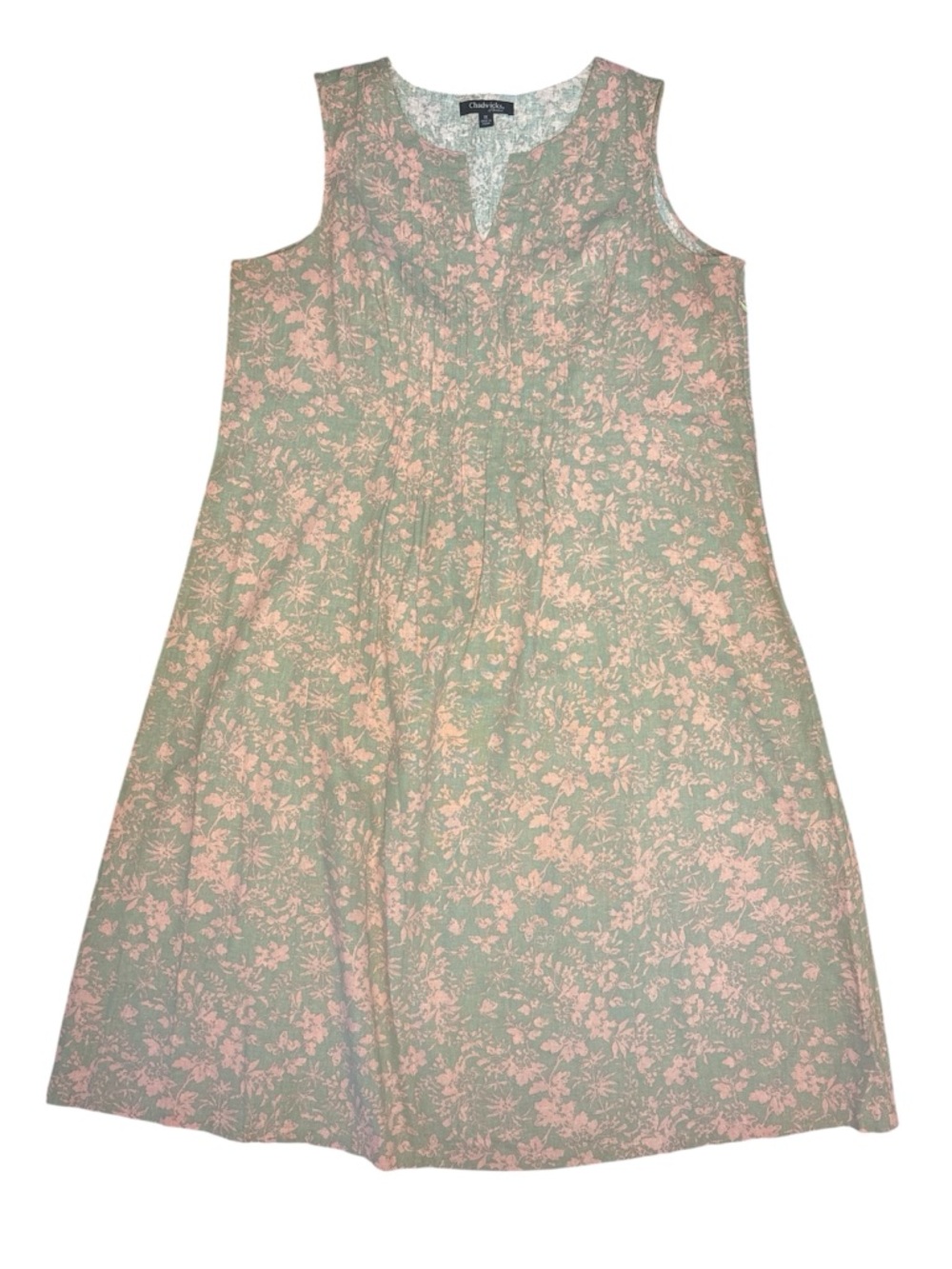 Chadwick’s Pink And Sage green Chinoiserie Floral Print Linen Blend Dress, 1X